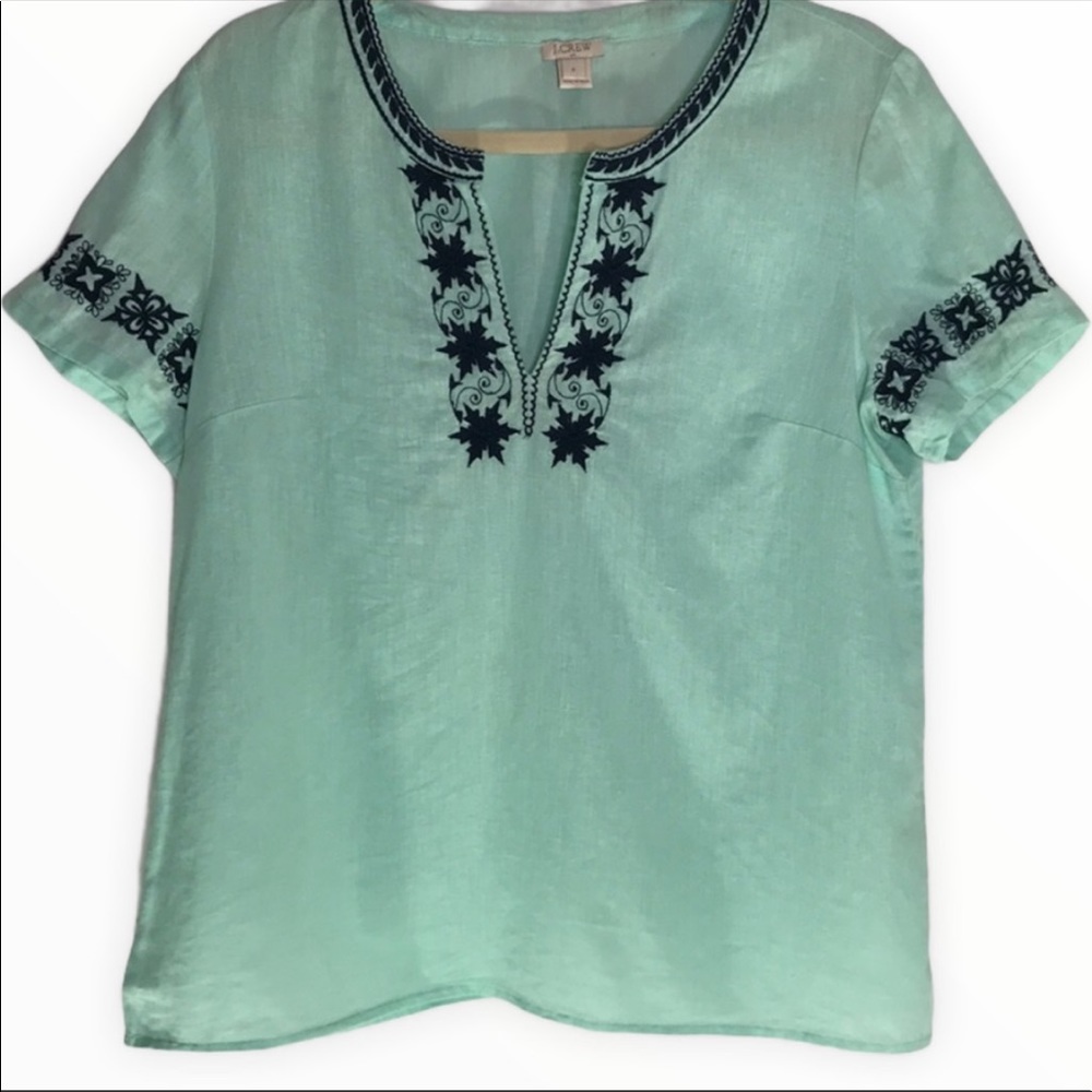 J Crew Linen Embroidered Shirt Light Seafoam Sz XS